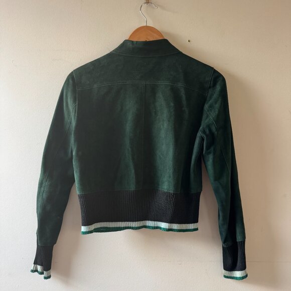Sandro Lamb Leather Suede Bomber Jacket –Evergreen w/ Metallic Rib Trim – Size S - Picture 7 of 8